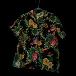 Tropical Floral Button Down Shirt - Black with Multicolor Design